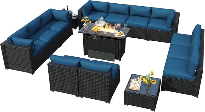 LazySunsets 15 Piece Outdoor Patio Furniture Set with 44'' Fire Pit Table, Outdoor Patio Furniture Set with Waterproof Cover, Wicker Rattan Outdoor Conversation Set for Backyard & Garden, Peacock Blue