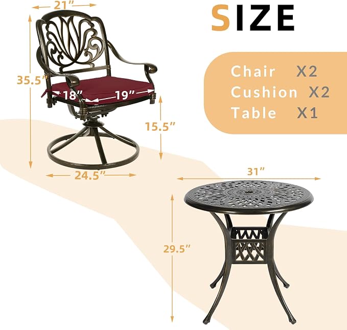 3-Piece Outdoor Patio Dining Set, All-Weather Cast Aluminum Patio Furniture Set for Backyard Garden Deck with 2 Swivel Cushioned Chairs and 31” Round Table, 2" Umbrella Hole, Chili Red
