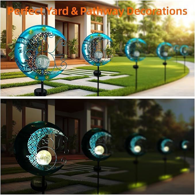 Solar Moon Lights Outdoor Garden Decorative Lights Waterproof Crackle Glass Globe Metal Stake Yard Decorations for Lawn Patio Backyard Ornaments Gifts for Birthday,Mothers Day Grandma (1pc)