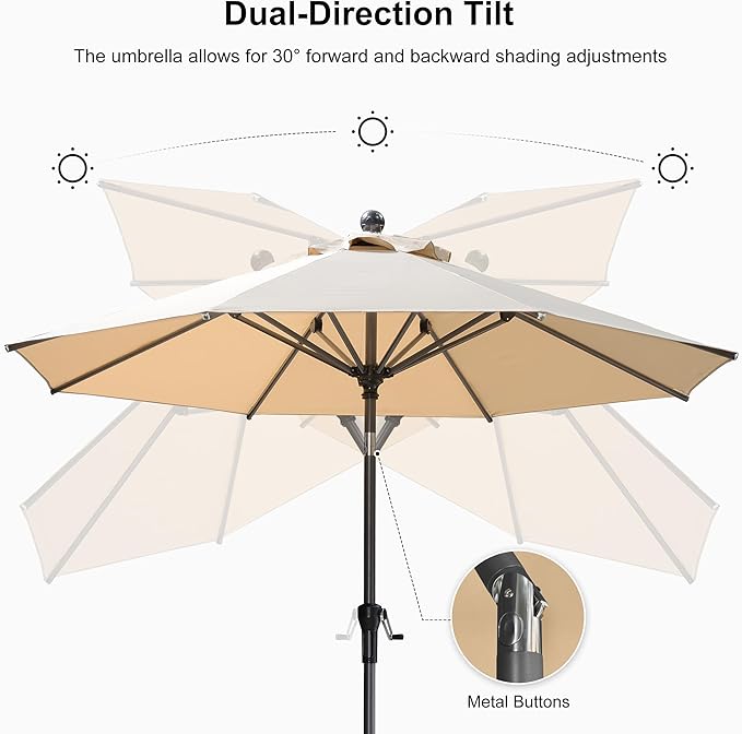 PURPLE LEAF 10' Round Patio Market Umbrella with Base Outdoor Table Umbrellas Aluminum Frame Sun Shade with 8 Sturdy Ribs Tilt for Garden Deck Lawn Pool Beige