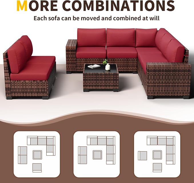 Outdoor Patio Furniture Set, 8‘’ Wide armrest Outdoor Sectional Rattan Sofa Set, Wicker Patio Furniture Sets w/Coffee Table,Thick Cushions and Cover for Porch, Balcony,Deck,8 PCS (Brown&Wine)