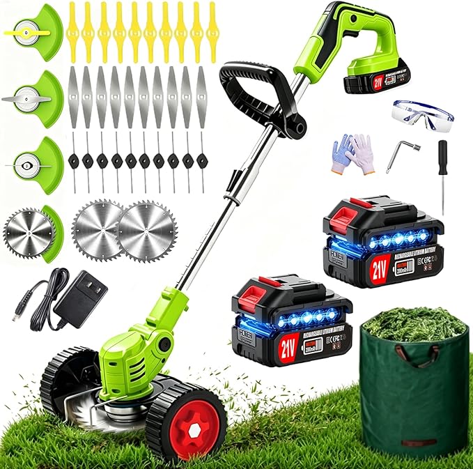 Electric Weed Wacker, 21V Cordless Weed Eater Battery Powered, No String Trimmer with Wheels & Metal Blades, Lightweight Grass Trimmer/Brush Cutter/Lawn Edger, Stringless Weed Trimmer for Yard Garden