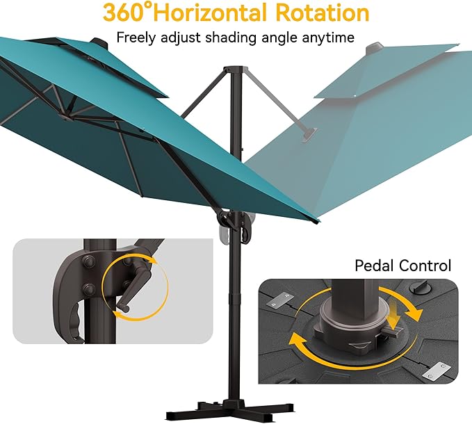 10x10 FT Patio Cantilever Umbrella (Base Not Included) (Base Not Included), Rectangular Heavy Duty Offset Umbrella for 6-8 People, 360°Rotation & Mult Tilt, Double Top Design, for Pool Garden Deck (Turquoise)