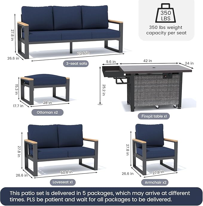 Sundale Outdoor Aluminum Patio Furniture Set, 7 Piece Outdoor Conversation Sets with Fire Pit, Ottoman and Washable Thick Cushions, All Weather Outdoor Sectional Set for Deck, Lawn (Navy Blue)