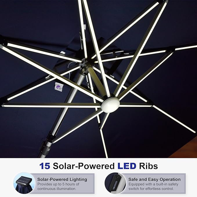PURPLE LEAF 13ft Patio Umbrella with Lights Outdoor Round Large Cantilever Umbrella Solar Powered LED Windproof Offset Umbrella Heavy Duty for Garden Deck Pool Patio, Navy Blue