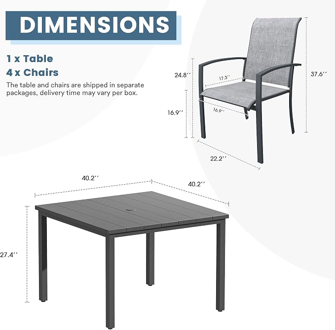 DIFY 5 Pieces Outdoor Dining Set, Metal Patio Table and Chairs Set for 4 with Umbrella Hole, 40.2" Square Dining Table and Textilene Stackable Patio Chairs for Garden Backyard Poolside, Grey