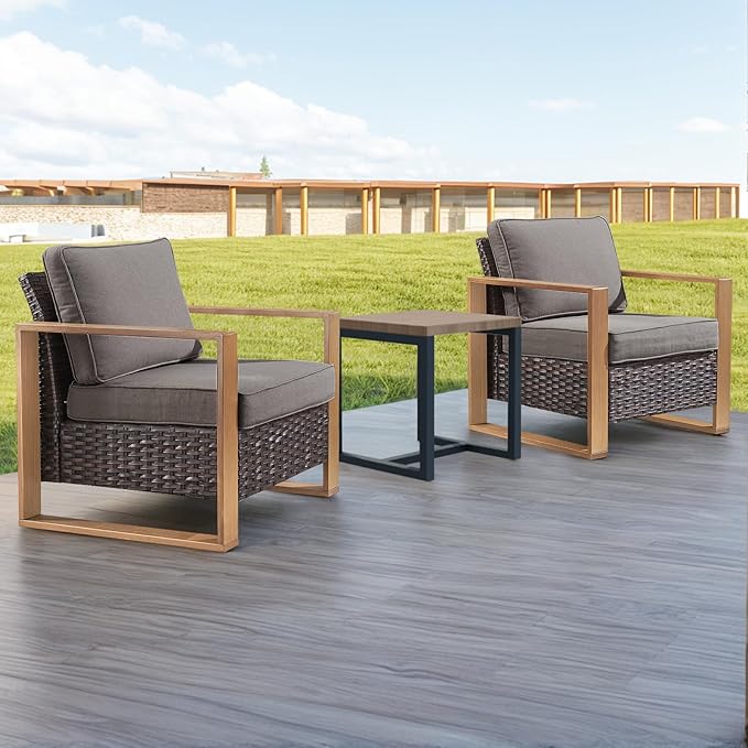 Rilyson 3 Piece Wicker Patio Furniture Set,Patio Bistro Set with 2 Rattan Armrest Chairs and 1 Side Table,Sturdy Frame,All-Weather PE Wicker,Wide Armrest,Deep Seating and Thick Cushions(Brown/Grey)