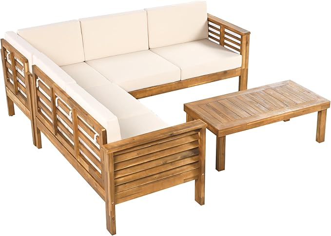 Christopher Knight Home Havets 81.25" Sectional L Shaped Sofa, 4 Pieces Acacia Wood Patio Furniture Set, Slat Coffee Table, Spacious Seat and Table Set for Backyard Garden Balcony, Teak+Beige