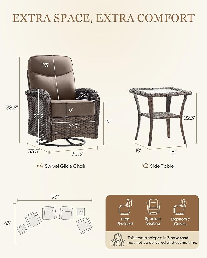 Belord Upgraded 6“ Cushion Luxury 6 Pieces Patio Furniture Set - All Weather Wicker Outdoor Swivel Rocker Patio Chairs of 4 with Side Table, High Back Glider Chairs Set for Deck Porch - Brown/Grey