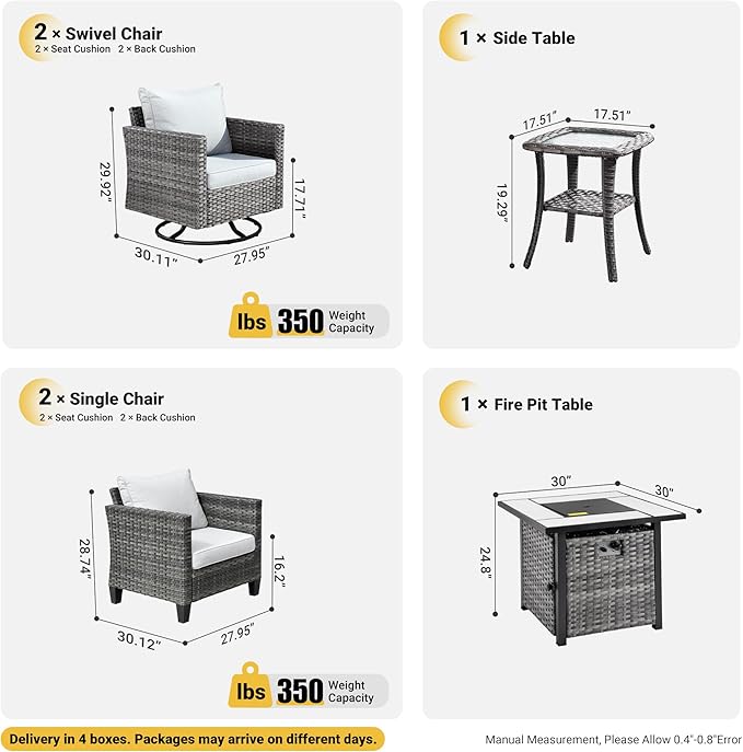 ovios 6 Pieces Patio Furniture Set, Outdoor Wicker Rattan Swivel Chairs with 30" Fire Pit Table, High Back Rocking Glider Chair Conversation Sets for Porch Deck, Grey