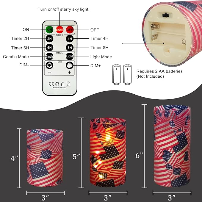 NJAO HOO Flickering Flameless Candles, LED Candles 3D Wick Acrylic Battery Operated LED Pillar Candles with Remote and Timer for Day 4th of July Decor Set of 3(American Flag)