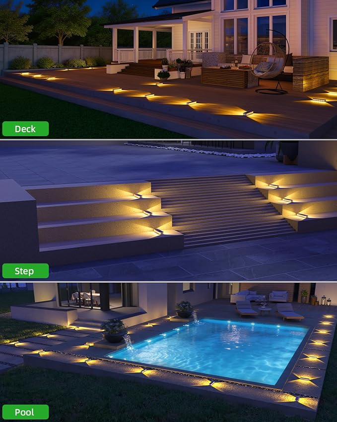 DetarZinLED Solar Step Lights for Outside 6 Pack, 12 LEDs 2-Sided Illumination Solar Stair Lights Outdoor IP68 Waterproof,Auto On/Off Deck Lights Solar Powered for Patio,Yard,Path,Walkway (Warm White)