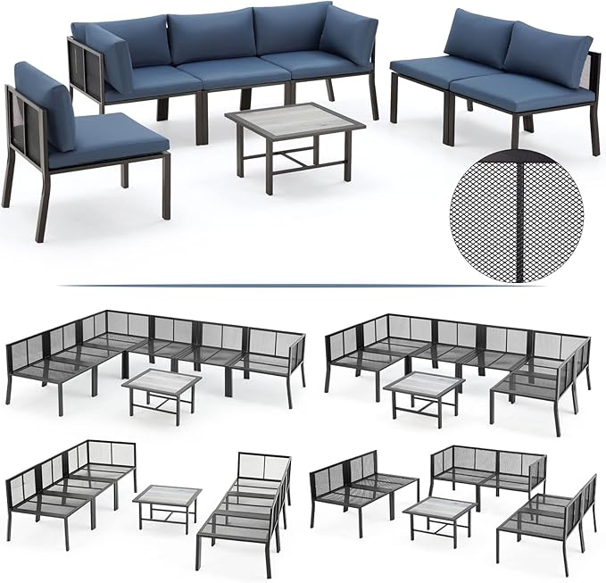 AECOJOY 7 Pieces Patio Furniture Set, Metal Mesh Fabric Outdoor Conversation Sets with Cushions and Wooden Table, Metal Outdoor Sectional Furniture for Backyard, Balcony, Lawn, Garden (Blue)