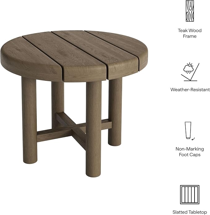Modway Eleni 20-Inch Outdoor Teak Wood Side Table in Weathered Gray Teak – Round Patio End Table with Slatted Top for Patios, Decks, Or Gardens