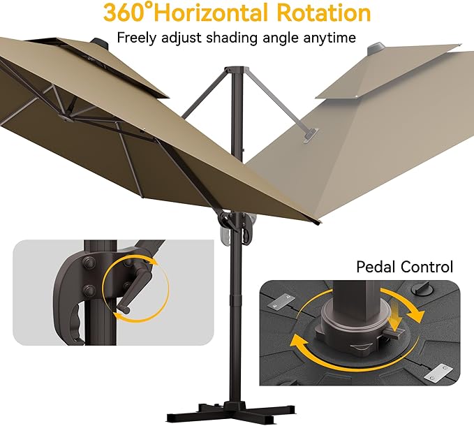 10x13 FT Patio Cantilever Umbrella (Base Not Included) (Base Not Included), Rectangular Heavy Duty Offset Umbrella for 8-10 People, 360°Rotation & Mult Tilt, Double Top Design, for Pool Garden Deck (Tan)