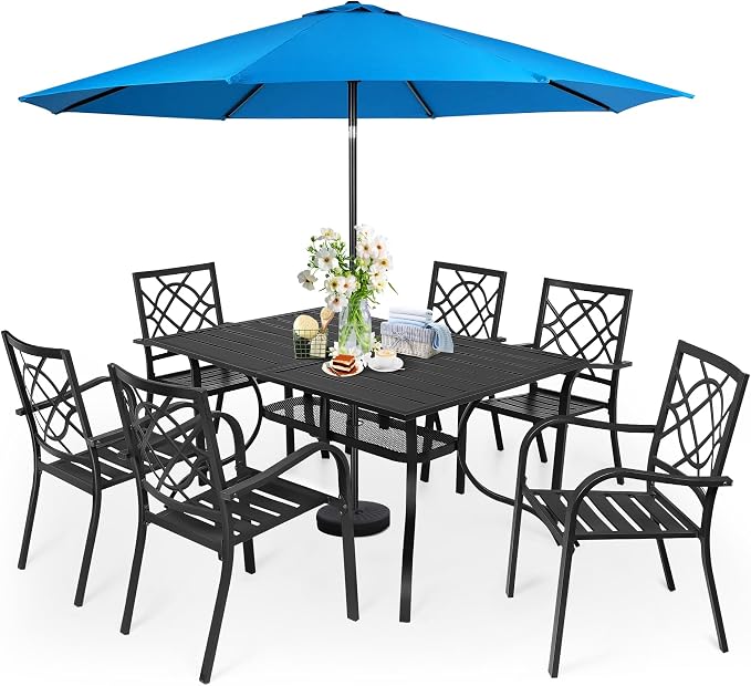 SUNCROWN 8-Piece Outdoor Wrought Iron Chairs and Table Patio Dining Furniture Set - 6 Stackable Metal Chairs, 1 Steel Slat Bistro Table and 1 Sky Blue 9Ft Patio Umbrella for Garden Backyard Deck