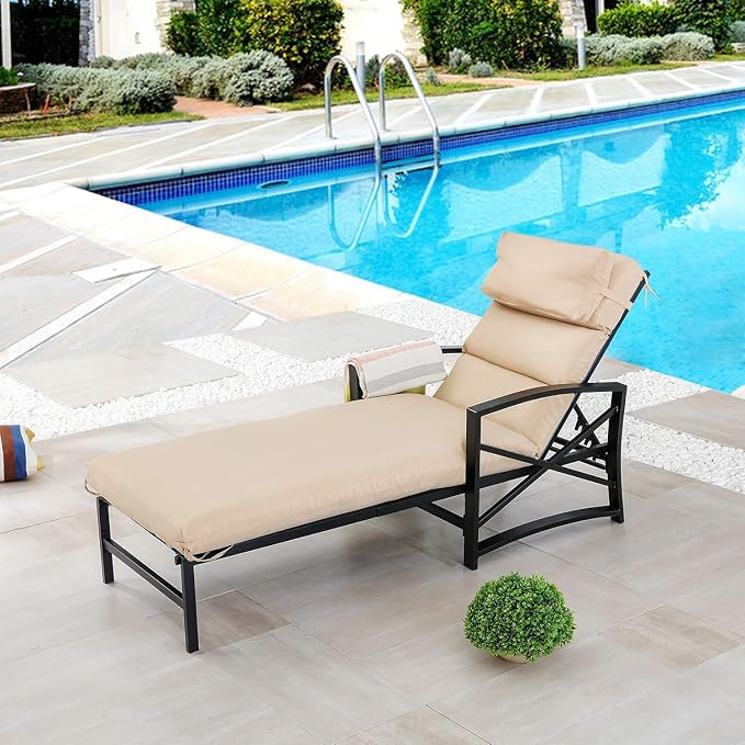 LOKATSE Home Outdoor Adjustable Chaise Patio Steel Furniture Metal Lounge Chair with Cushion