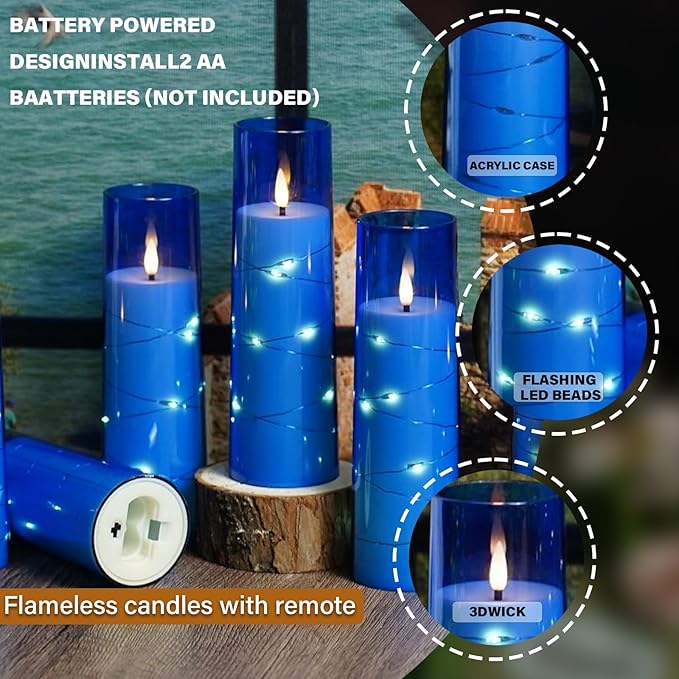 Nimiko Flickering Flameless LED Candles,Battery Operated Candles 9 Pcs with Embedded Star String,Acrylic LED Pillar Candles with Remote,Suitable for Home Decoration to Create an Atmosphere (Blue)