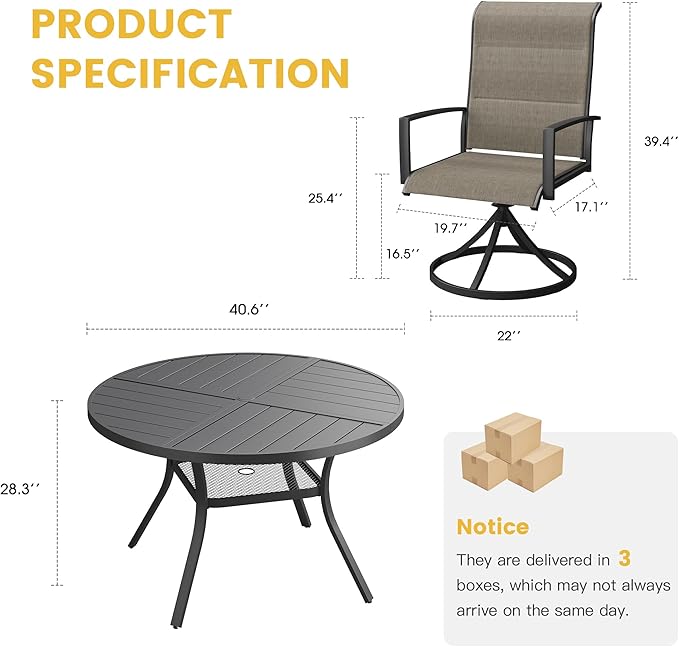 VICLLAX Patio Dining Set for 4, 4 Seats Outdoor Furniture Includes 40.7" Round Patio Table and Swivel Padded Chairs, Black Tabletop and Mixed Brown Fabric
