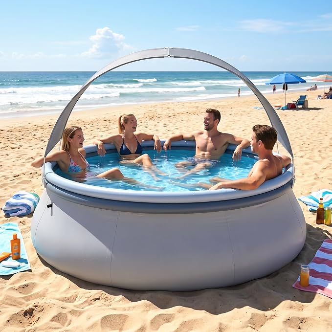 Goplus Inflatable Pool with Canopy, Large Round Above Ground Swimming Pool w/ 2 Air Chambers, Repair Patch, Top Ring Blow Up Pools for Backyard, Lawn, Garden (118” x 68”)