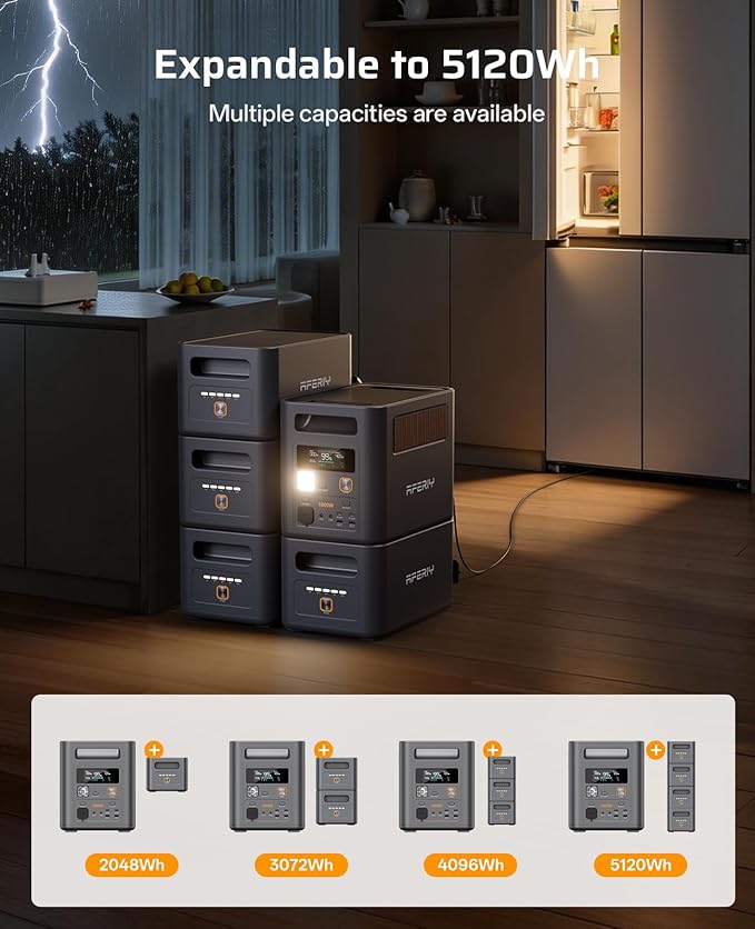 AFERIY Expandable Portable Power Station, 1024Wh LiFePO4 Solar Generator (Up to 5120Wh), 1800W (Peak 3600W) AC Output, Fast Recharge, UPS Battery Backup for Home Backup Power, Camping, RV, Emergency