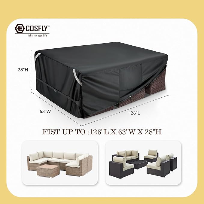 COSLFY Waterproof Patio Furniture Covers for Table and Chairs, Heavy-Duty 600D Oxford Outdoor Dining Set Cover with Drawstring, UV-Resistant All-Weather Protection, Fits 126L x 63W x 28H Inch(Black)