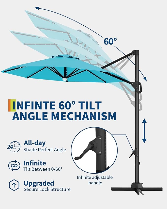 GarveeLife 10FT Patio Umbrella Outdoor Solar LED Large Cantilever Umbrella Market Sun Shade Windproof Offset Umbrella with 360-Degree Rotation for Garden Deck Pool Patio