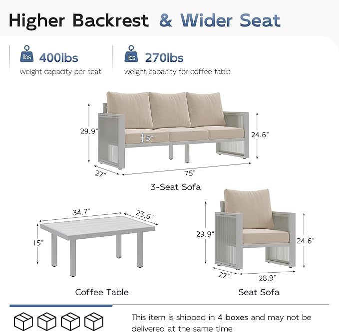 UDPATIO Aluminum Patio Furniture Set with Coffee Table, 4 Piece Aluminum Outdoor Furniture Set, Modern Patio Conversation Sets with Thickend Cushions and PE Rope, for Garden, Porch, Balcony, Beige