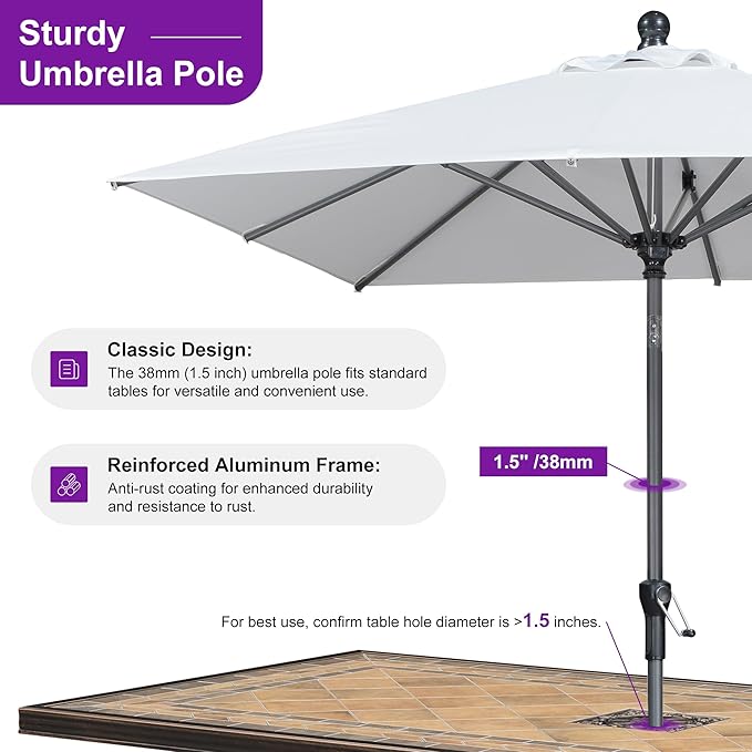 PURPLE LEAF 6.5' x 6.5' Square Patio Market Umbrella with Base Outdoor Table Umbrellas Aluminum Frame Sun Shade with 8 Sturdy Ribs Tilt for Garden Deck Lawn Pool White