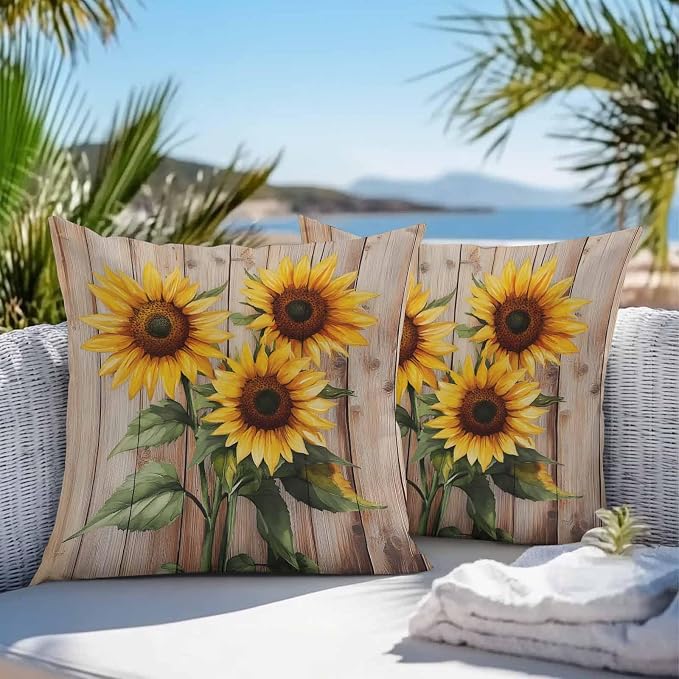 Pack of 2 Waterproof Outdoor Pillow Covers 26x26 Inch Decorative Pillow Covers Sunflowers Throw Pillowcases Farmhouse Wooden Grain Botanical Floral Outdoor Cushion Cover for Couch, Patio, Tent