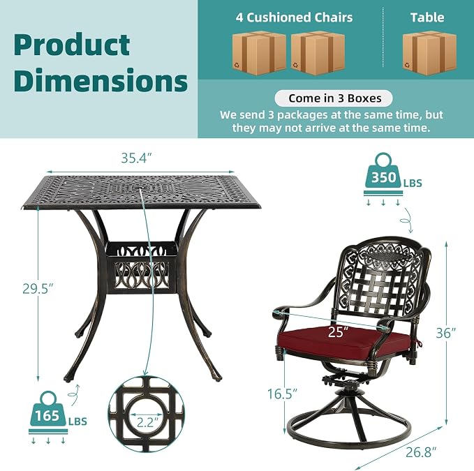 MEETWARM 5-Piece Outdoor Patio Dining Set, All-Weather Cast Aluminum Patio Conversation Set with 4 Cushions Swivel Rocker Chairs for Backyard Garden Deck and 35.4" Square Table, Chili Red