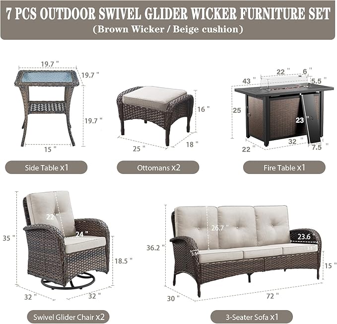 Belord 8 Piece Patio Furniture Set with 43" Fire Pit Table - Wicker Patio Conversation Set with Swivel Rocker Chairs and Sofa for Deck Outside Backyard Brown