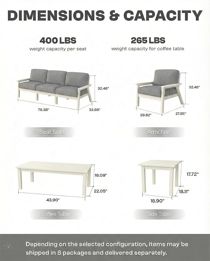 HDPE Patio Furniture Set 5 Seats with Cantilever Umbrella, Outdoor Couch with Washable Thick Gray Cushions & Tables, Outdoor Sectional Furniture for Deck, Lawn, Porch (White Frame)