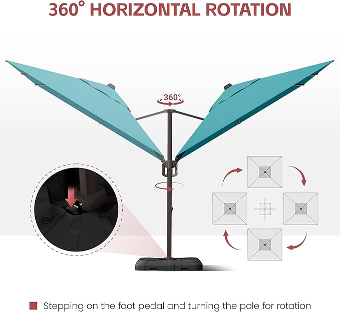 GENTEACO 10X10 FT Cantilever Umbrella, Large Offset Patio Umbrella with 6 Angle Tilts & 360° Rotation, Large Square Sun Umbrellas for Outdoor Patio Pool Deck Market, Turquoise Blue