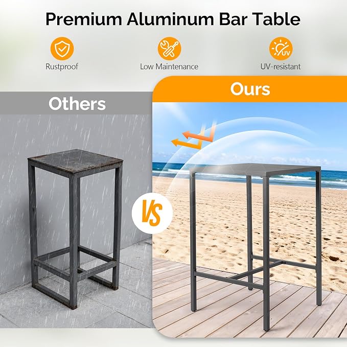 VINGLI 27 Inch Outdoor Bar Table, All-Weather Aluminum Patio Balcony Pub Table for Pool, Blacony, Yard (Gray)