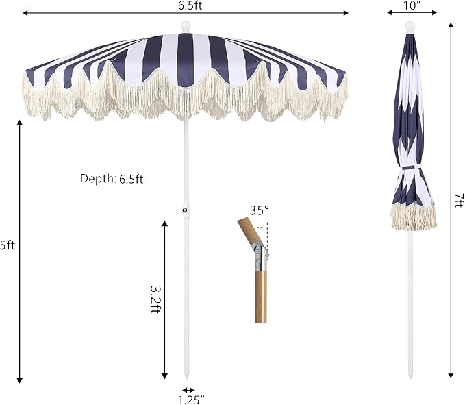 JONATHAN Y Mariner 6.5 ft. Beach Umbrella, Navy/White Striped with Fringe, Push-Button Tilt, UPF 50+ Sun Protection and Carrying Bag for Patio and Pool, White Pole UMB1003N