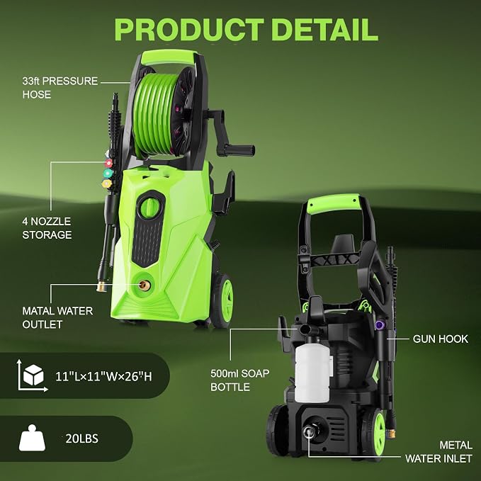Electric Pressure Washer 5000PSI 2.8GPM Portable Power Washer with 33FT Hose Reel, 4 Nozzle Set for Home/Cars/Fences/Windows, Green