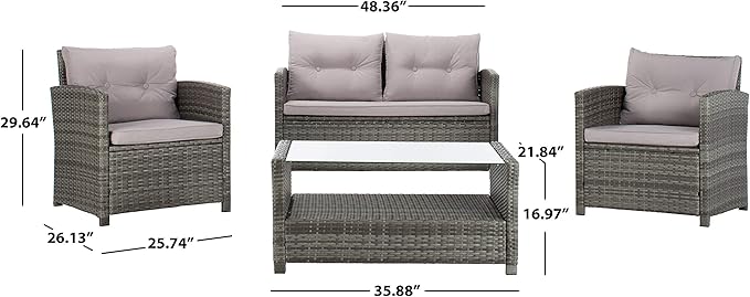 Safavieh PAT7516B Collection Vellor Grey 4-Piece Outdoor Living Patio Set, Grey/Grey