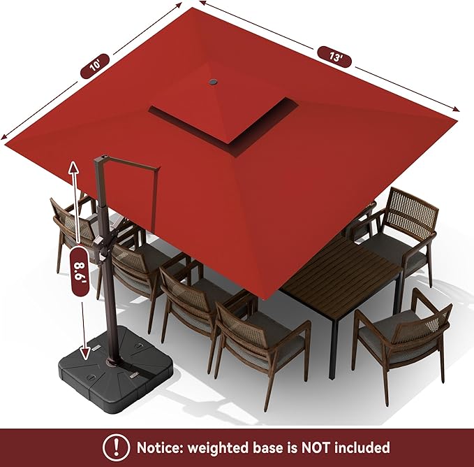 10 X 13 FT Cantilever Outdoor Patio Umbrella with Base Included Large Heavy Duty 360° Rotation Double Top Offset Rectangular Umbrellas with LED Lights for Backyard Outside Deck, Red