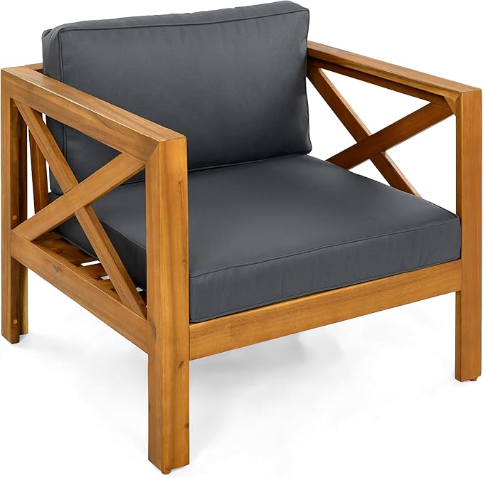 Christopher Knight Home Lucy Acacia Wood Outdoor Patio Furniture Set, 3 Pieces Patio Set, Round Side Table and ArmChairs Conversation Set with Cushion for Garden Lawn Balcony, Dark Gray + Light Teak