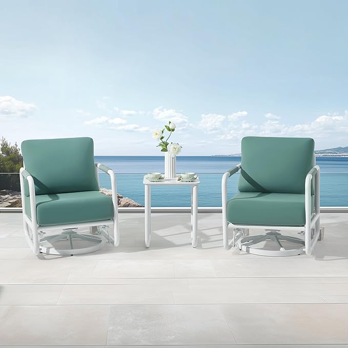 3-Piece Aluminum Outdoor Swivel Rocker Chair Set, 360° Swivel and Rocking Patio Chairs with 6.5-Inch Thick Cushions and Side Table, All-Weather Conversation Sofa for Backyard, Deck, Porch, Balcony