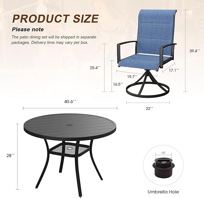 VICLLAX 5 Pieces Outdoor Dining Set, Patio Furniture Set Includes 40.6" Round Metal Table W/ 1.9" Umbrella Hole and 4 Padded Textilene Swivel Chairs for Porch, Lawn, Garden, Backyard