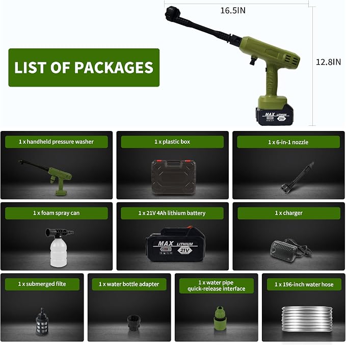 Cordless Pressure Washer,1200PSI Portable Power Washer with 4Ah Battery&Charger,6-in-1 Nozzle,5 Meter Hose,Handheld High-Pressure Car Washer for Cars/Yard/Home/Floor (Green)
