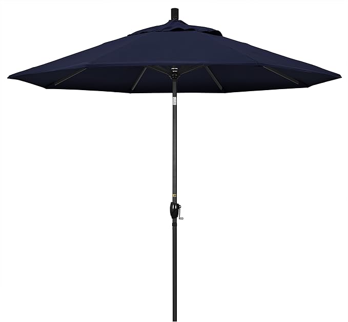 California Umbrella 9' Round Aluminum Market Umbrella, Crank Lift, Push Button Tilt, Black Pole, Pacifica