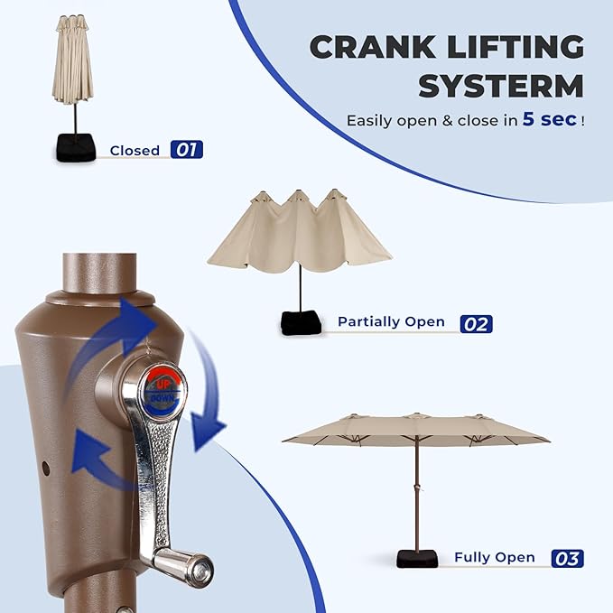 BRIOPAWS 15-FT-Large-Patio-Umbrella-with-Base | Double-Sided | Outdoor Table Umbrellas | w/Crank Handle | 12 Sturdy Fiberglass Rib | UV-Protection | for Garden Deck Backyard Pool | Tan