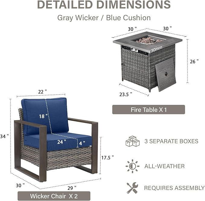 Belord Social 5 Pieces Patio Furniture Set - Patio Chairs Set of 4 with 50000BTU Propane Fire Pit Table, Durable Wicker Outdoor Conversation Set for Casual Gathering