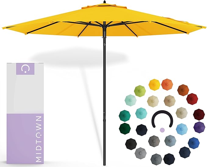 Midtown Umbrellas Push & Pop 9 Ft Patio Umbrellas with Push & Pop Mechanism, Fiberglass Ribs & Sunbrella Fabric – Outdoor Umbrella for Deck, Pool, Cafés and Hotels – Yellow Canopy, Black Pole
