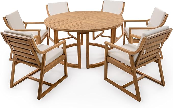 Merax 7 Pieces Outdoor Dining Set for 6 People, Acacia Wood Patio Furniture Sets with Round Table and Six Cushioned Chairs for Backyard, Garden, Lawn, Poolside, Tabletop with Umbrella Hole, Light Teak