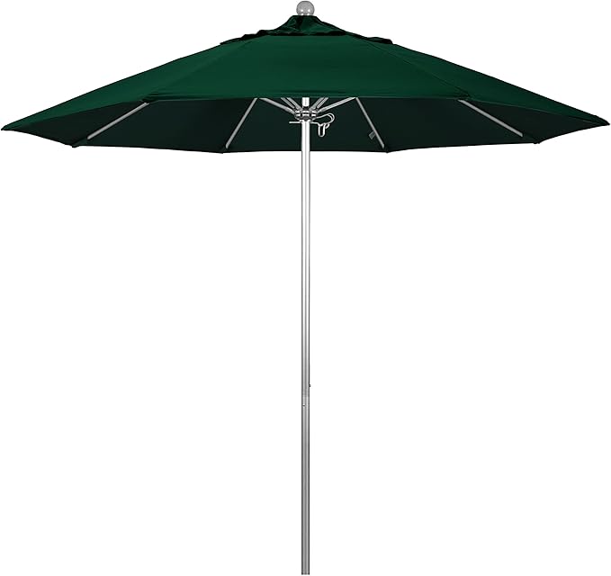 California Umbrella 9' Round Aluminum/Fiberglass Umbrella, Push Open, Silver Pole, Olefin Hunter Green