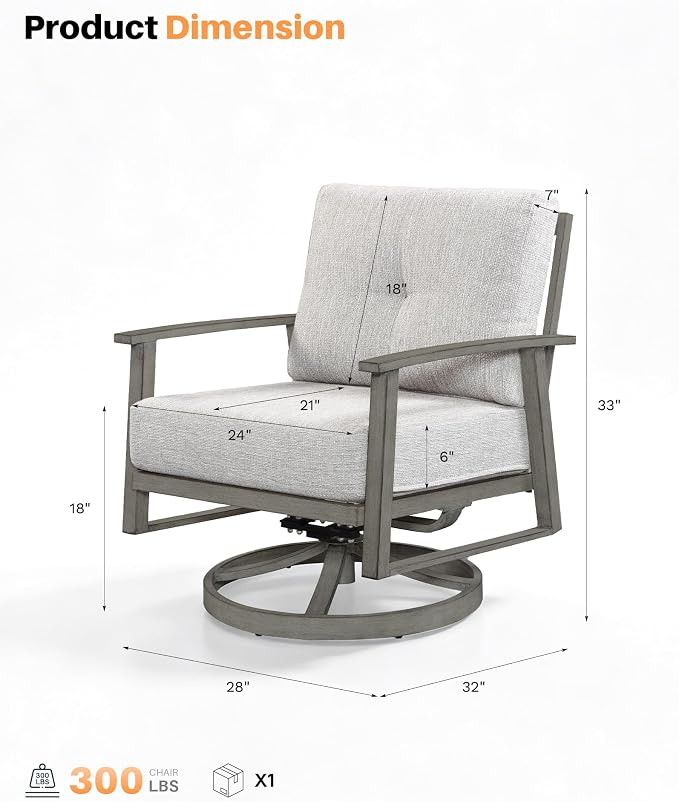 Swivel Patio Sofa Chairs Set of 2, Never Rusts All-Aluminum Outdoor Swivel Armchairs with Thick Cushions, Modern Outdoor Sofa Armchairs Swivel Patio Chair for Garden, Poolside, Lawn, Limed Oak